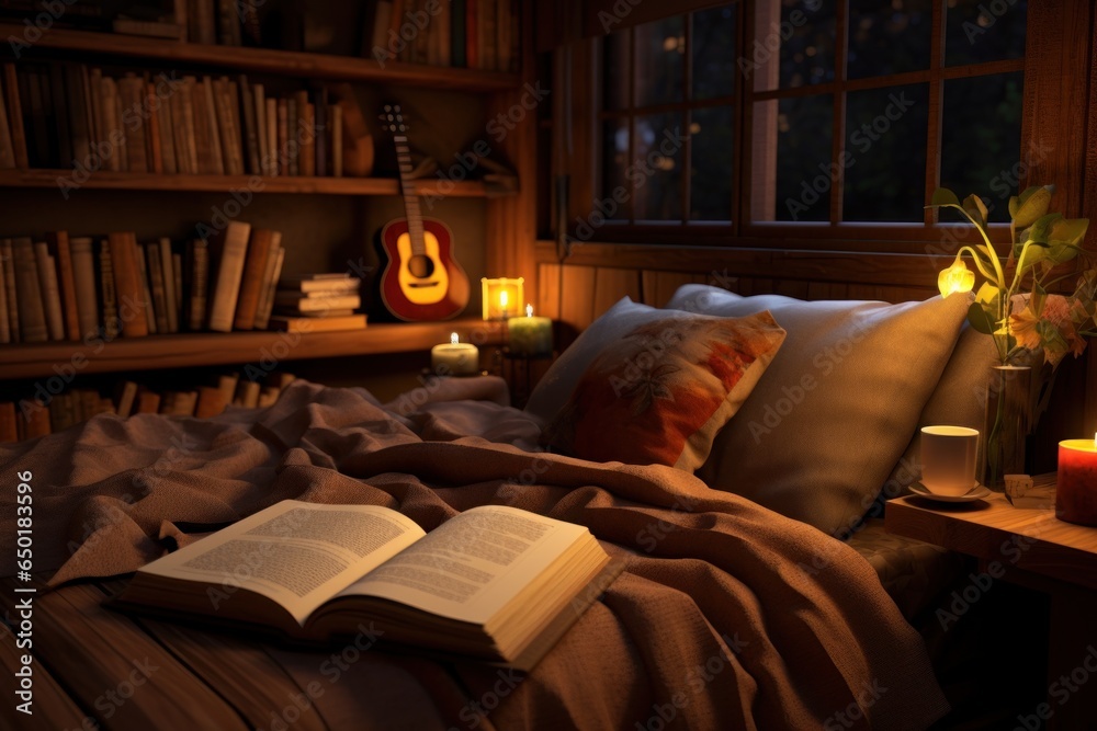 Poster an open book resting on a bed in a room. suitable for educational or leisure-themed projects.