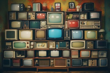 A bunch of old televisions stacked on top of each other. Suitable for illustrating the concept of...