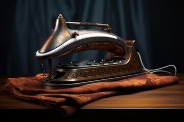 A steam iron is placed on top of a wooden table. This versatile image can be used to depict...