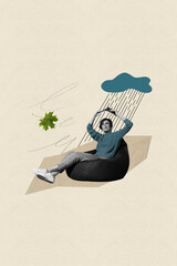 Vertical composite photo collage of intelligent girl sit on pouf hold book over head hide from rain...