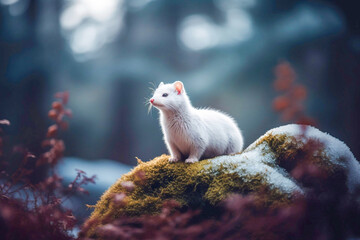 Cute tiny white winter weasel in the snow forest - obrazy, fototapety, plakaty