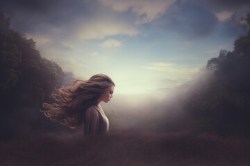 A woman stands in a field with her hair blowing in the wind. This image captures the feeling of...