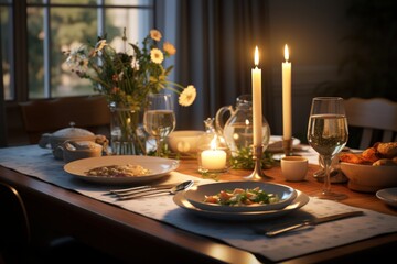 A beautifully set dinner table with lit candles and plates of delicious food. Perfect for showcasing a romantic dinner or a special occasion. Can be used for restaurant promotions, food blogs, or home - Powered by Adobe