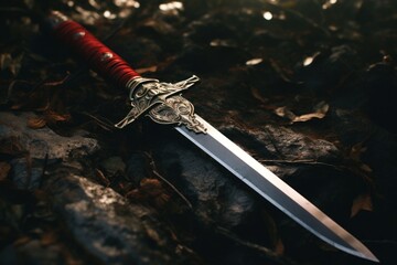 A sword laying on top of a pile of leaves. Suitable for fantasy, adventure, or nature-themed...