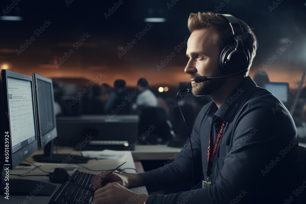 Aufkleber A man wearing a headset is seated in front of a computer. This image can be used for illustrating remote work, customer support, or online communication.