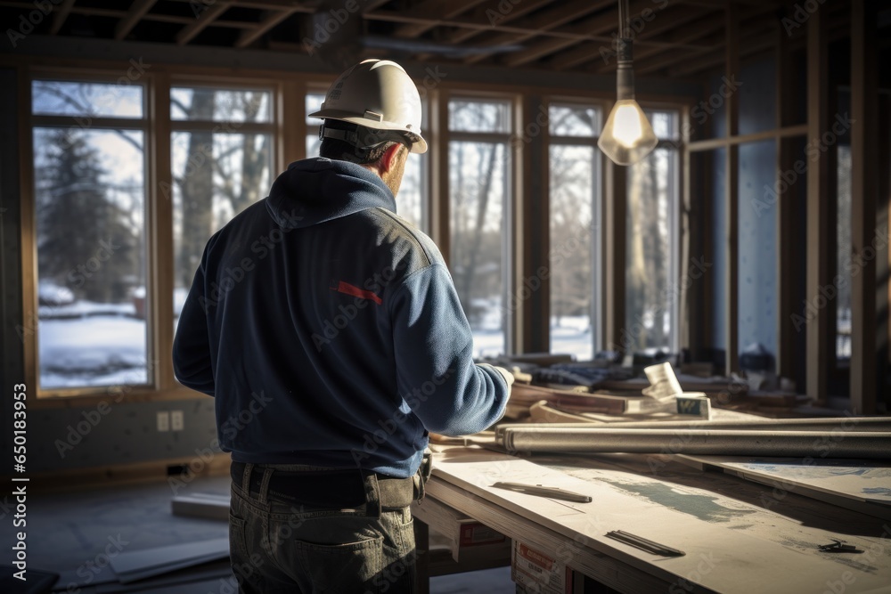 Poster a man wearing a hard hat is seen working on a table. this image can be used to depict construction, 