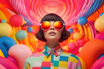 A woman wearing a vibrant colored shirt and stylish sunglasses. This image can be used to represent...