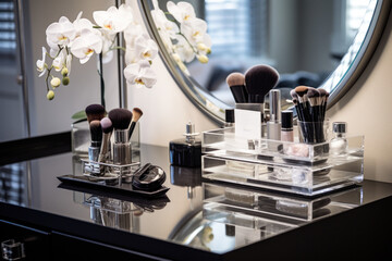 A collection of makeup brushes neatly arranged on a mirror. Perfect for beauty and...