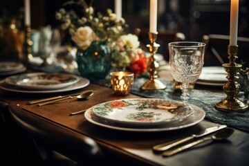 A beautifully arranged table set with plates, silverware, and candles. Perfect for formal dining or...