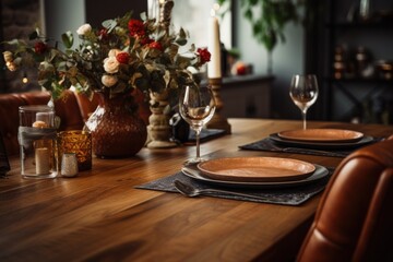 A wooden table adorned with plates and glasses. Perfect for showcasing food and beverages. Ideal for restaurant menus, food blogs, and culinary websites.