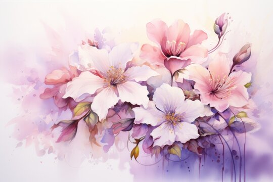 A painting of pink and white flowers on a white background. This picture can be used for various floral-themed designs and decorations.