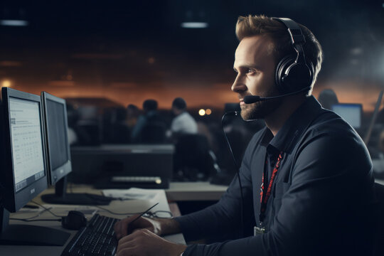 A man wearing a headset is seated in front of a computer. This image can be used for illustrating remote work, customer support, or online communication.