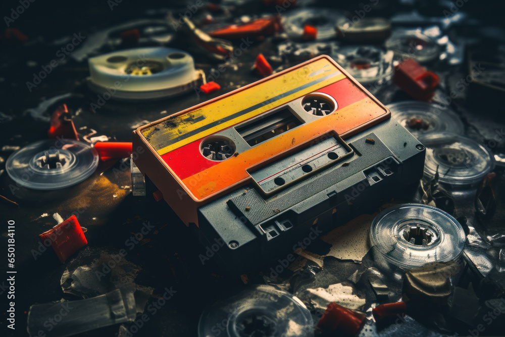 Poster a detailed view of a cassette player surrounded by various electronic devices. ideal for illustratin