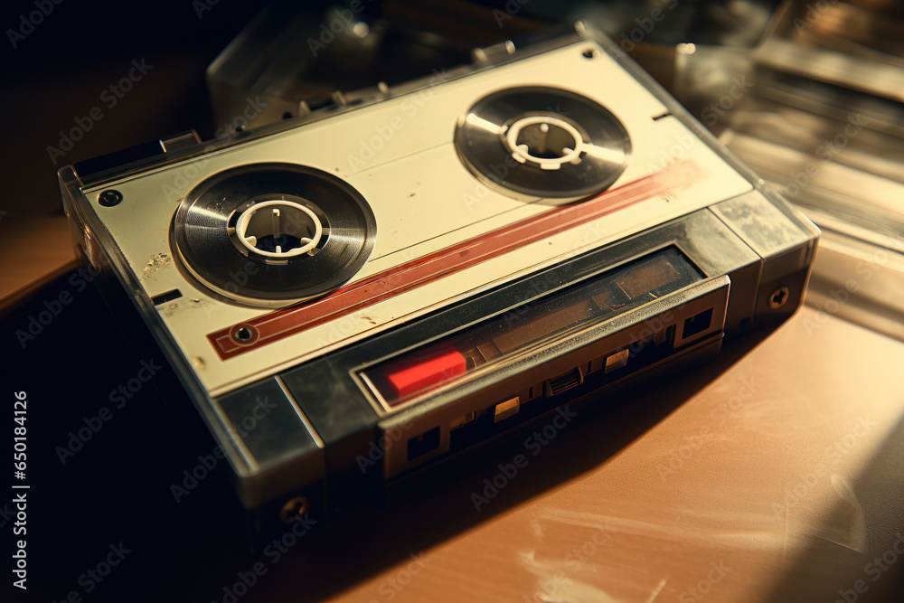 Poster a classic cassette player placed on a rustic wooden table. perfect for nostalgic music lovers or ret