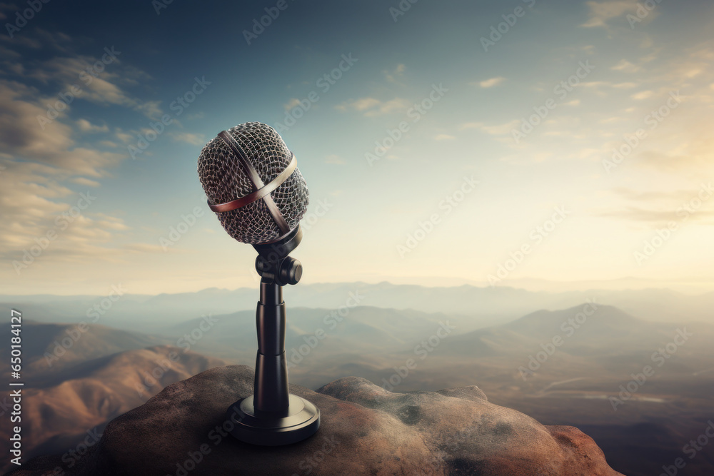 Poster a microphone placed on top of a rock with majestic mountains in the background. perfect for capturin