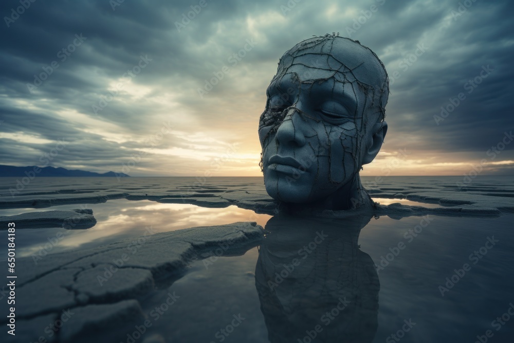 Poster a sculpture of a man's head placed in the middle of a serene body of water. perfect for artistic and