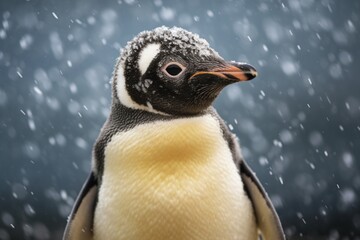A penguin standing in the snow. Can be used to depict winter scenes, wildlife, nature, or Antarctica.