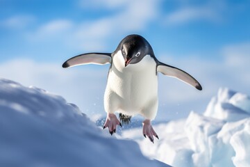 A penguin stands proudly on top of a snow-covered slope. This image can be used to depict winter landscapes, wildlife in cold climates, or the beauty of nature in icy conditions. - obrazy, fototapety, plakaty