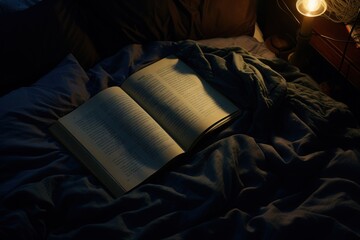 An open book placed on top of a bed next to a lamp. This image can be used to depict reading,...
