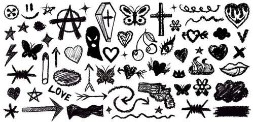 Y2k emo punk grunge set elements. Banners with brush strokes with splashes and drops. Hearts, star, butterflies paint strokes, graffiti splashes, brush, rough strokes, spots. Vector