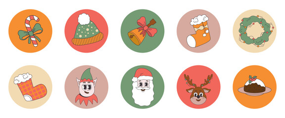 Set of Christmas groove stickers. Cute retro characters.