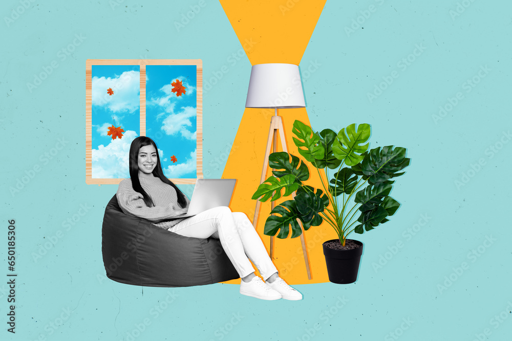 Sticker Artwork collage picture of cheerful black white colors girl sit beanbag use netbook lamp light houseplant fallen leaves clouds window