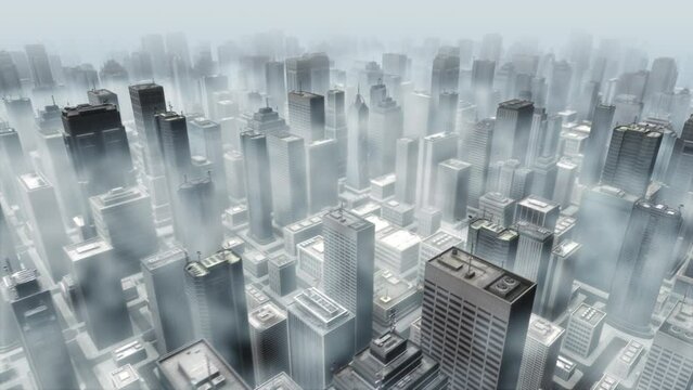Seamless looping 3d animated foggy city skyline at daytime