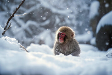 Naklejka premium Snow Monkey in a natural hot spring 