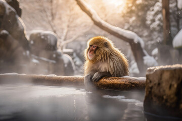Obraz premium Snow Monkey in a natural hot spring 