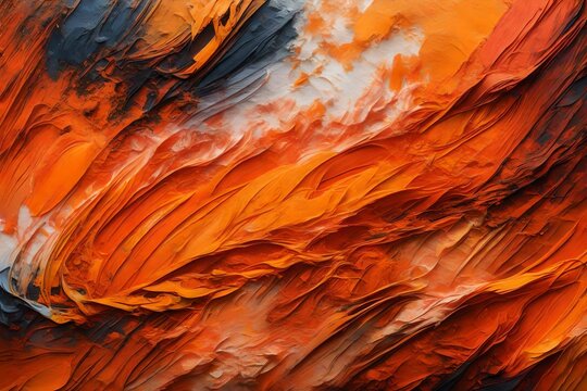 Naklejki Closeup of abstract rough colorful orange colors art painting texture background wallpaper, with oil or acrylic brushstroke waves, pallet knife paint on canvas