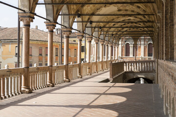 Panoramic view of the porticoed terrace of the Palazzo della Ragione, where defendants were once tried, in Padua Italy