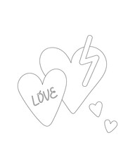 Coloring page, outline drawing for coloring book. Abstract shapes of hearts. Naive hand drawn illustration design with word Love and lightning. Vector clipart