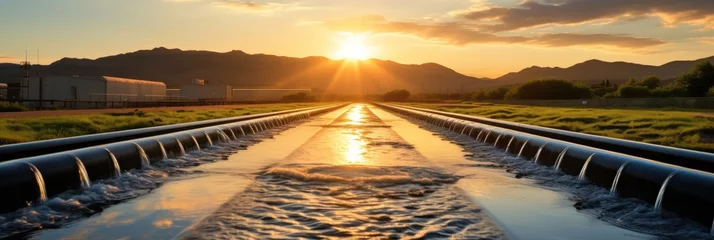 Foto op Plexiglas Sewage treatment plant, A water treatment plant at sunset. © visoot
