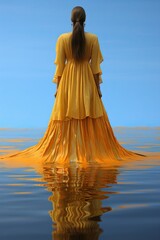 a woman in a yellow dress standing in water