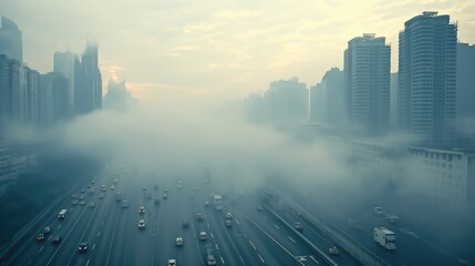Air pollution from car traffic on city roads.