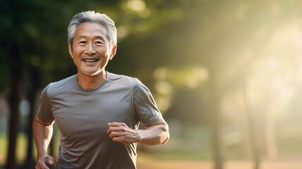 公園をランニングするアジア人男性