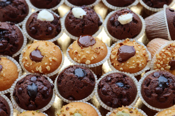 Tray with mini chocolate and vanilla muffins