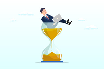 Businessman working with laptop inside hourglass count down timer, work against deadline, time counting down to finish project, efficiency to spend time to complete work within timeline (Vector) - obrazy, fototapety, plakaty