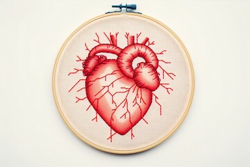 Love in Stitches: Red Heart Embroidery Hoop Art, Generative AI
