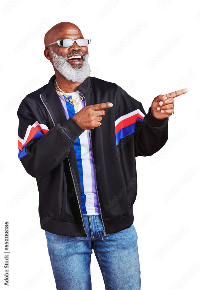 Poster fashion, smile and pointing with a senior black man isolated on a transparent background for retro s