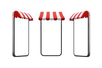 Phone with shop awning in three positions. Isoalted display and background for mockup, shopping app promotion