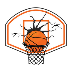 Basketball ring and ball inside. Broken basketball backboard after a successful dunk. Basketball banner, poster template. Vector on transparent background © Kiselov