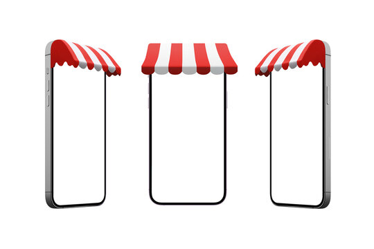 Phone with shop awning in three positions. Isoalted display and background for mockup, shopping app promotion