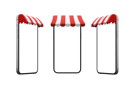 Phone with shop awning in three positions. Isoalted display and background for mockup, shopping app promotion