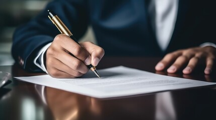 Businessman are signing a document with his pen by writing down his signature at office, Filling out a paper blank check form paper.