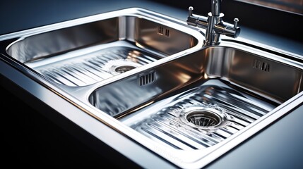Stainless steel shiny perfectly clean sink at kitchen, - obrazy, fototapety, plakaty