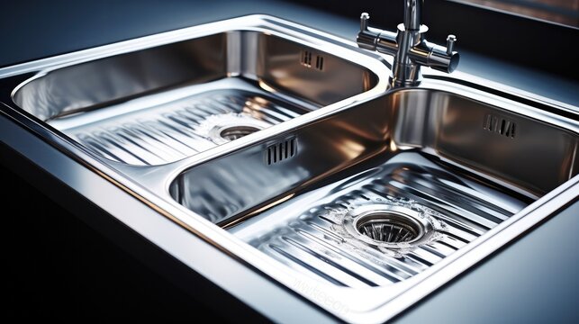 Stainless steel shiny perfectly clean sink at kitchen,