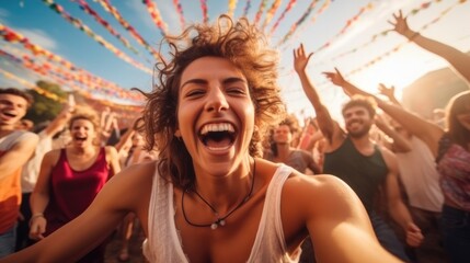 Fototapeta premium Young people laughing screaming and being happy, Having fun and dancing cheering and celebrating on a summer festival, Crowded group.