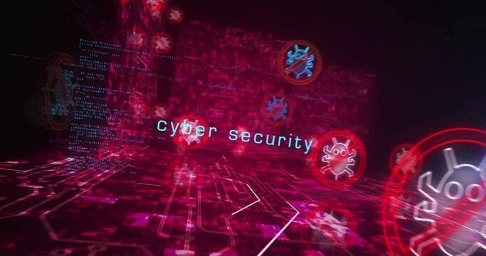 Antivirus cyber security virus detect system alert symbol abstract cyber concept. Digital technology background seamless and loopable dynamic 3d animation.
