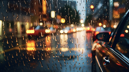 Rainy City 雨の夜の都会と車のヘッドライト - obrazy, fototapety, plakaty